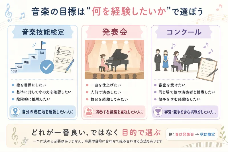 検定・発表会・コンクールの目的の違いを整理した図
