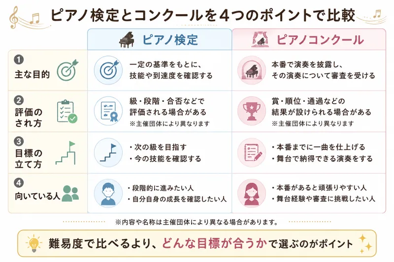 目的・評価・目標の立て方・向いている人を並べた整理図